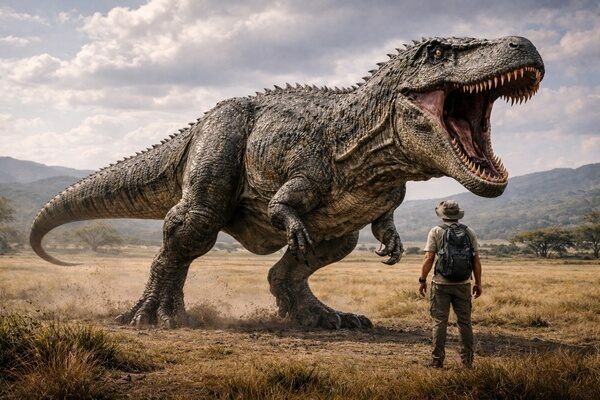 Giganotosaurus carolinii — one of the largest meat-eating dinosaurs ever discovered, stalking the Late Cretaceous landscapes of South America.